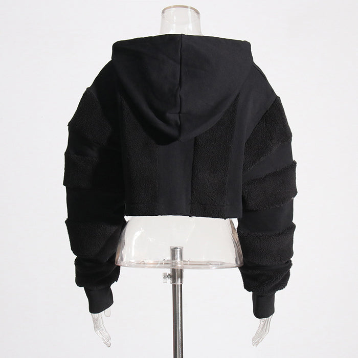 Casual Sweater Autumn Niche Design Lamb Wool Short Stitching Hooded Top for Women