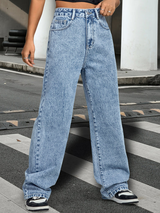 Washed Denim Women Trousers Basic Straight Leg Pants No Belt