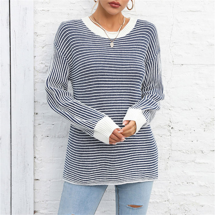 Autumn Winter Women Clothing Color Matching Crew Neck Pullover Sweater Striped Sweater Sweater