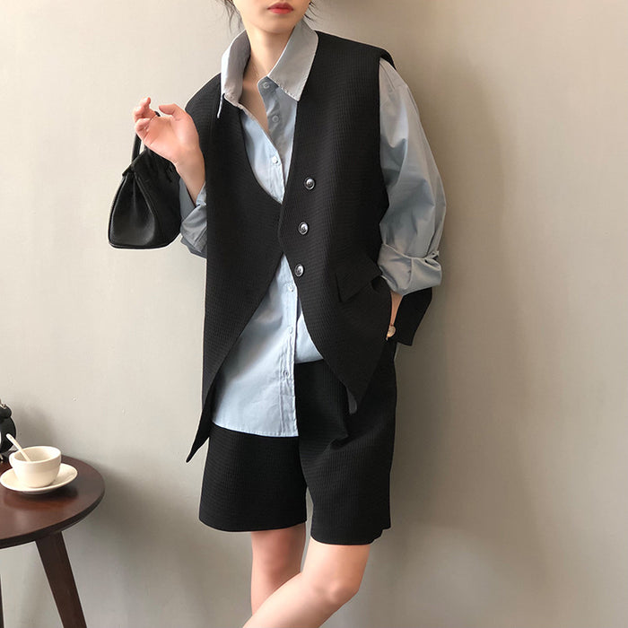 Waffle Set Women  Spring V neck Outerwear Vest Shorts Two Piece Set