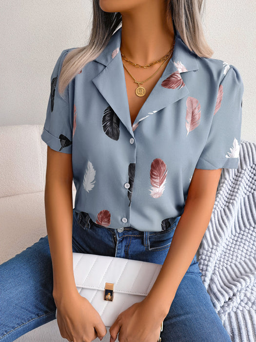 Summer Elegant Collar Feather Loose Short Sleeve Shirt Women Clothing