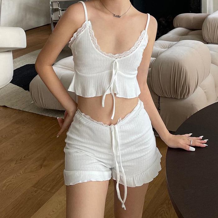 Simple Lace V neck Sling Vest Shorts Two Piece Set High Waist Lace up Shorts Loungewear Set