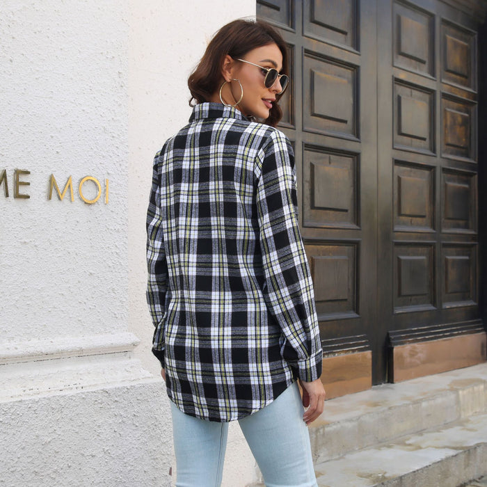 Plaid Shirt Brushed Long Sleeve Mid-Length Loose Shirt Women Top Women Clothing