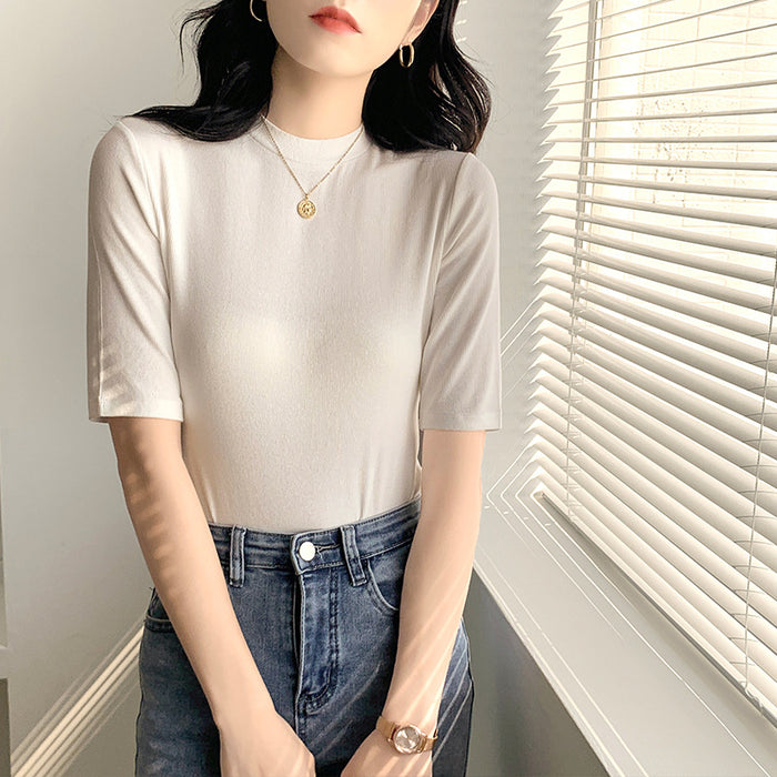 Thread High Elastic White T shirt Women Short Sleeve Summer Slim Fit round Neck Half Sleeve T shirt Stand Collar Top