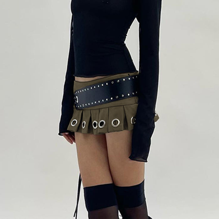 Sexy Mini Skirt Lace Up Leather Big Belt Street Punk Sexy Pleated Skirt