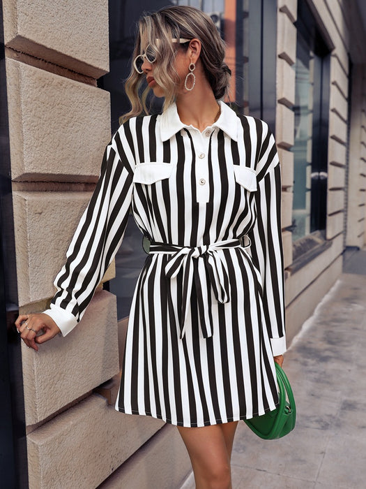 Women Collared Cardigan Long Sleeve Striped Socialite Young Coat Dress Women