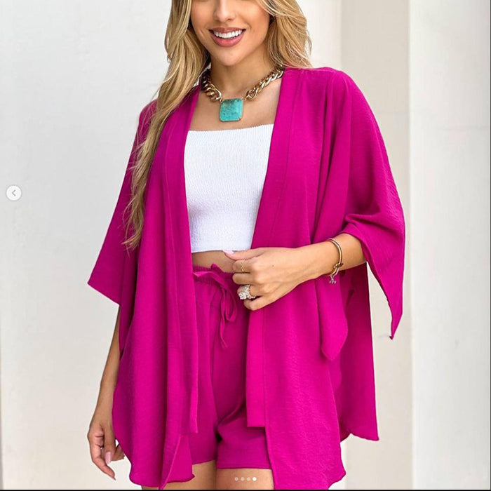 Summer Casual Set Slit Three Quarter Length Sleeves Cardigan Top Drawstring Shorts for Women