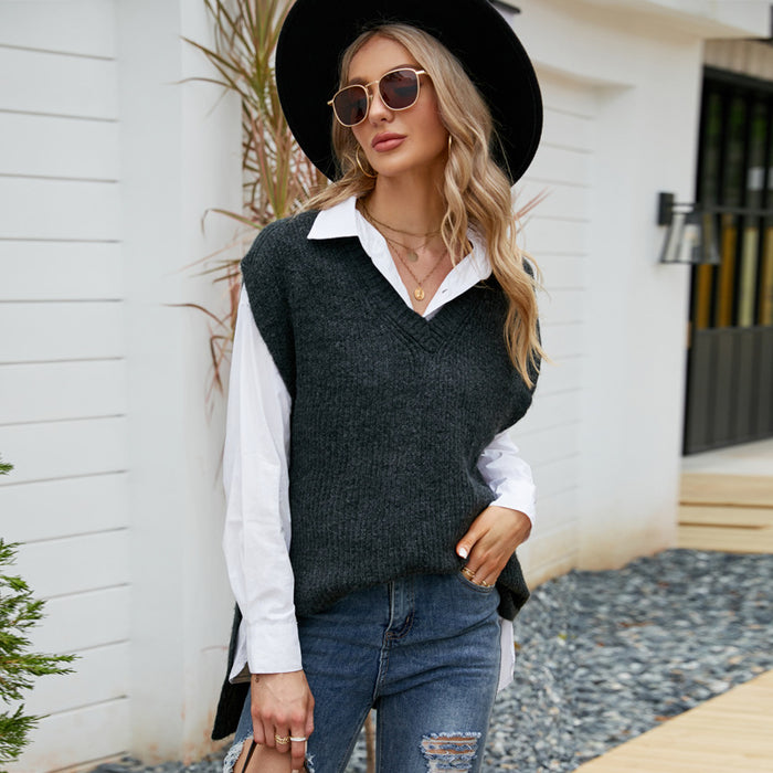 Autumn Winter Casual Vest Top Mid-Length Sleeveless V-neck Sweater Loose Outer Wear Knitted Vest