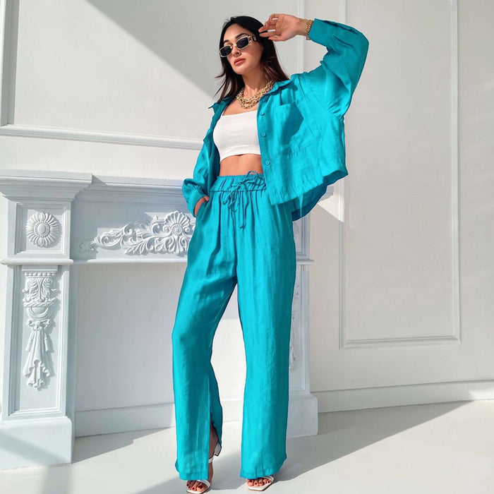 Women   Commuting Wear Spring Summer Polo Collar Shirt Top Split Wide Leg Pants Two Piece Set Casual Set