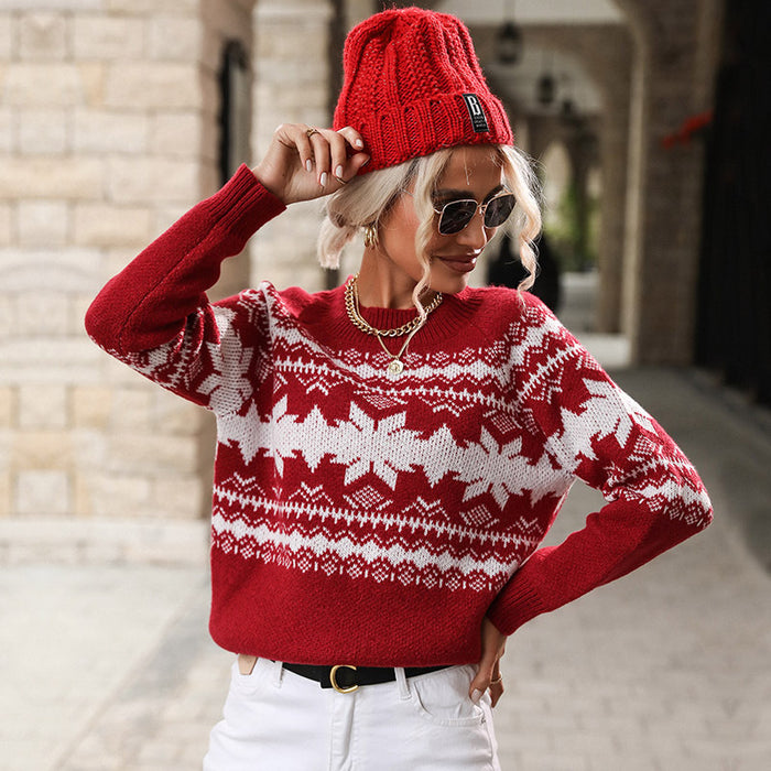 Autumn Winter Women Clothing Trendy round Neck Red Knitted Christmas Snowflake Sweater