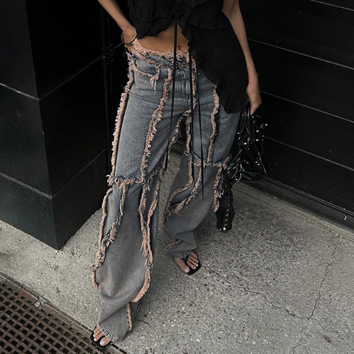 Personalized Frayed Edge Worn Jeans Women Water Blue Loose Drooping Straight Leg Trousers Autumn