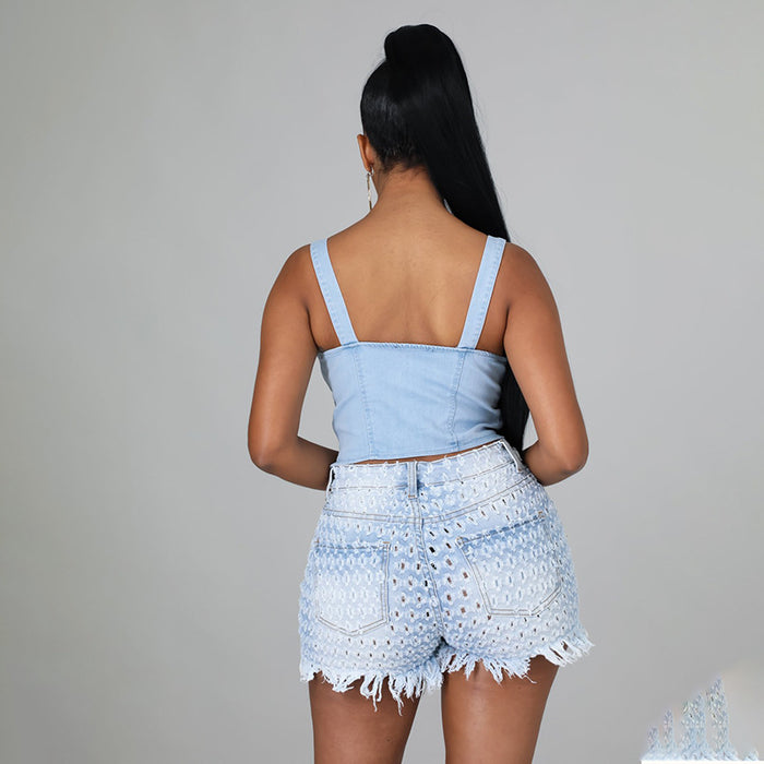 Hollow Out Jeans Women Sexy Trendy Light Color Water Scrubbing High Waist Loose Wide Legs Shorts