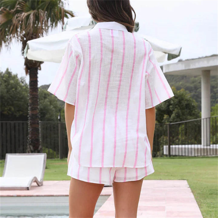 Spring Summer Striped Printed Short Sleeve Shirt Shorts Suit Beach Casual Two Piece Suit Women  Clothing