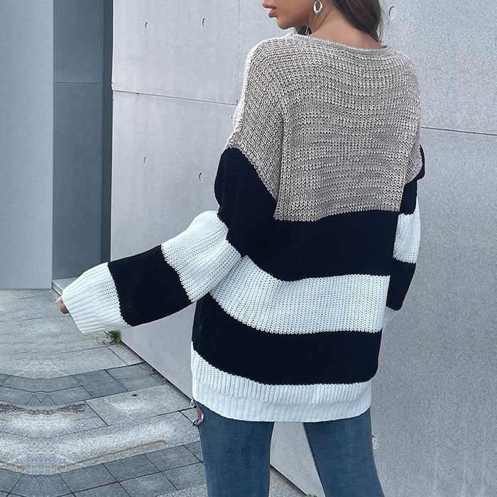 Autumn Inner Wear Mid Length Women Striped Round Neck Knitted Sweater for Women