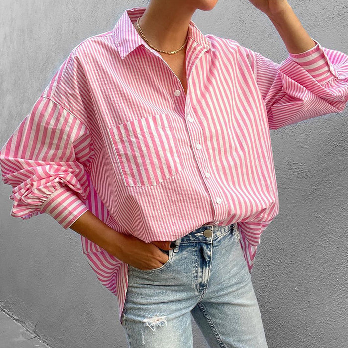 Autumn Women Clothing Collared Loose Long Sleeve Striped Shirt