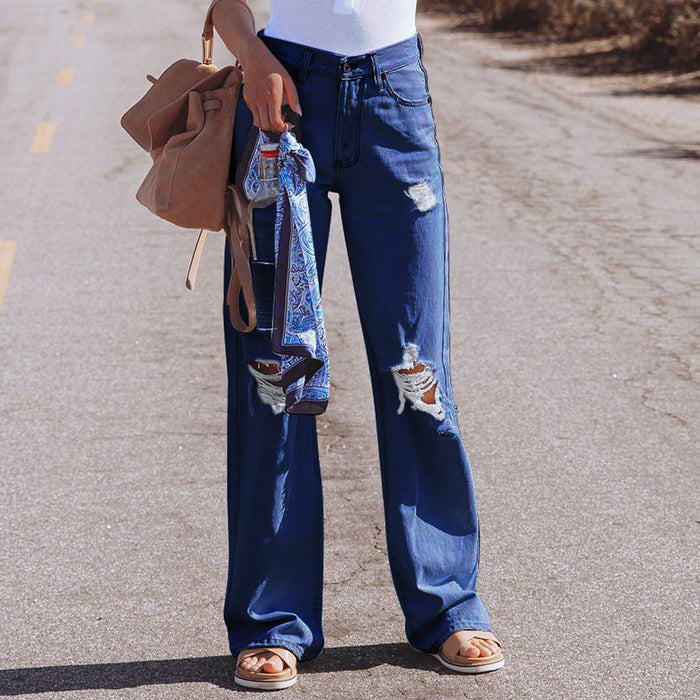 Summer Water Washed Hole High Waist Denim Pants Casual Pants Wide-Leg Pants for Women