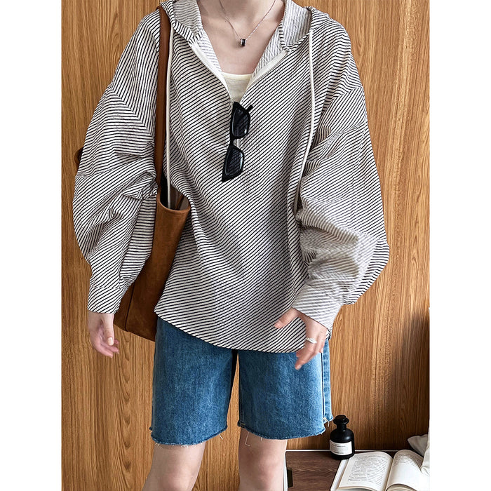 Idle Striped Casual Hooded Shirt Women Design Half Thin Coat with Zip Breathable Top