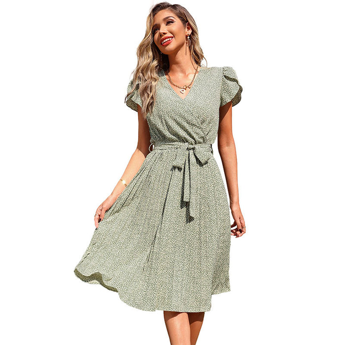 New Summer Printed Green Pleated V-neck Dress Vacation Boho Dress Ruffled Sleeve Dress