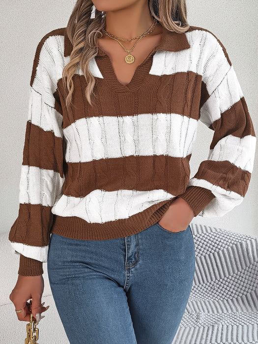 Autumn Winter Casual Chicken Collar Contrast Color Twist Lantern Sleeve Pullover Sweater Women Clothing