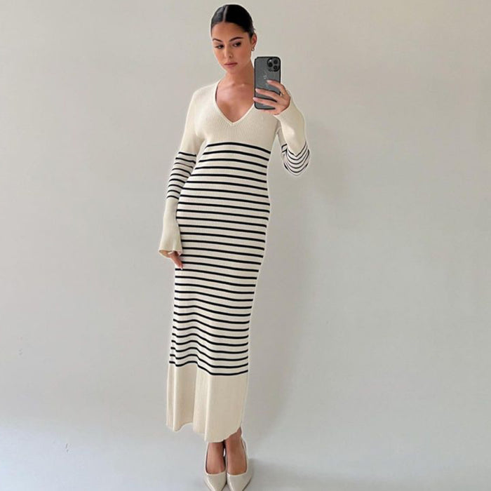 Knitted Dress V Neck Casual Dehaired Angora Covering Yarn Waist Tight Sunken Stripe Slimming Stripes Knitted Dress Women