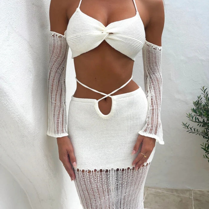 Spring Summer Wrapped Chest Oversleeve Top Drawstring Hollow Out Cutout Hip Skirt Knitted Women Clothing Two Piece Set