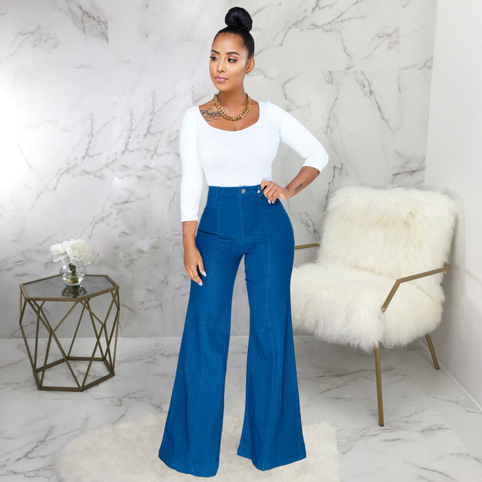 High Waist Loose Simple Wide Leg Solid Color Stretch Jeans