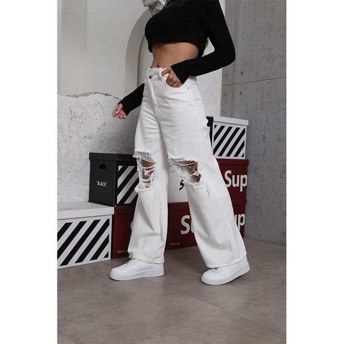 Spring White Denim Women Casual Jeans Loose Street Ripped Denim Trousers Women