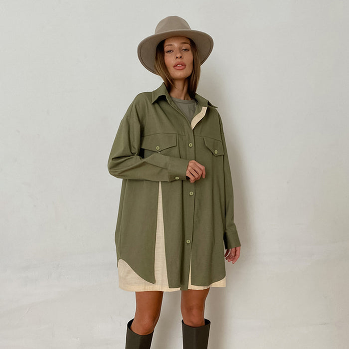 Long Sleeve Long Shirt Stitching Contrast Color Niche Women Clothing Retro Design Shirt Dress Women Clothing