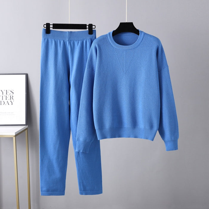 Autumn Winter Loose Casual Sweater Two Piece Set Solid Color Knitting Suit Women