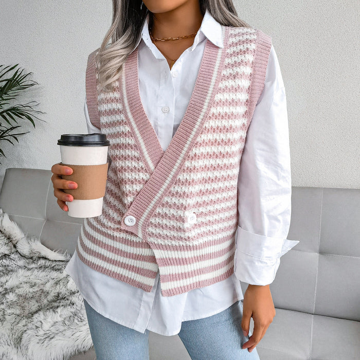 Stripe College Knitted Vest Sweater Women Clothing