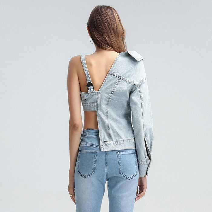 Niche Asymmetric Denim Jacket Fashionable  Elegant Sexy Collared Cropped Outfit Denim Jacket