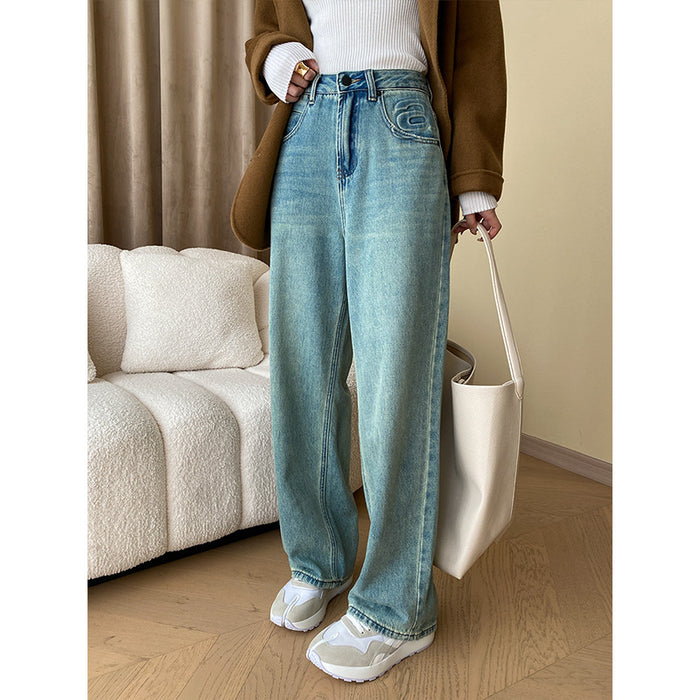 French Fashionable Letters Early Autumn Special Washed Straight Jeans Slim Wide Leg Pants