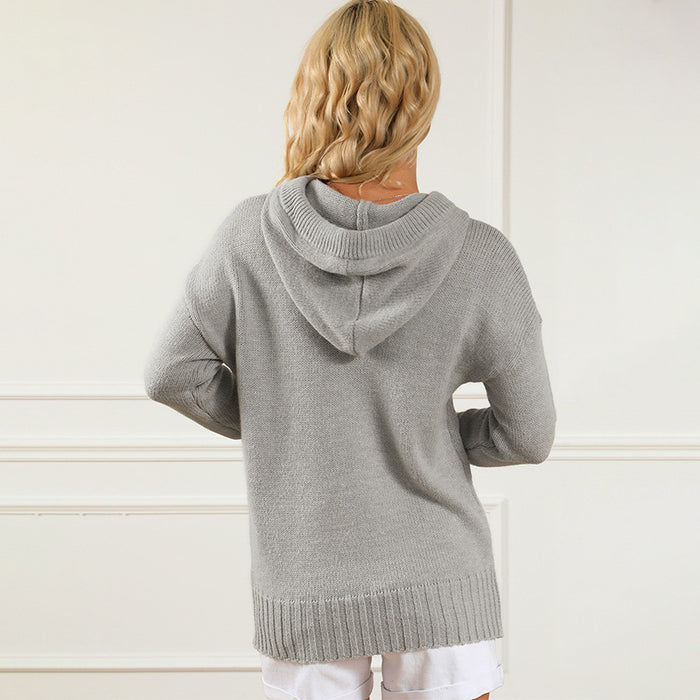 Fall Winter Hooded Knitwear for Women Solid Color Mid Length Loose Drawstring Pocket Loose Sweater for Women