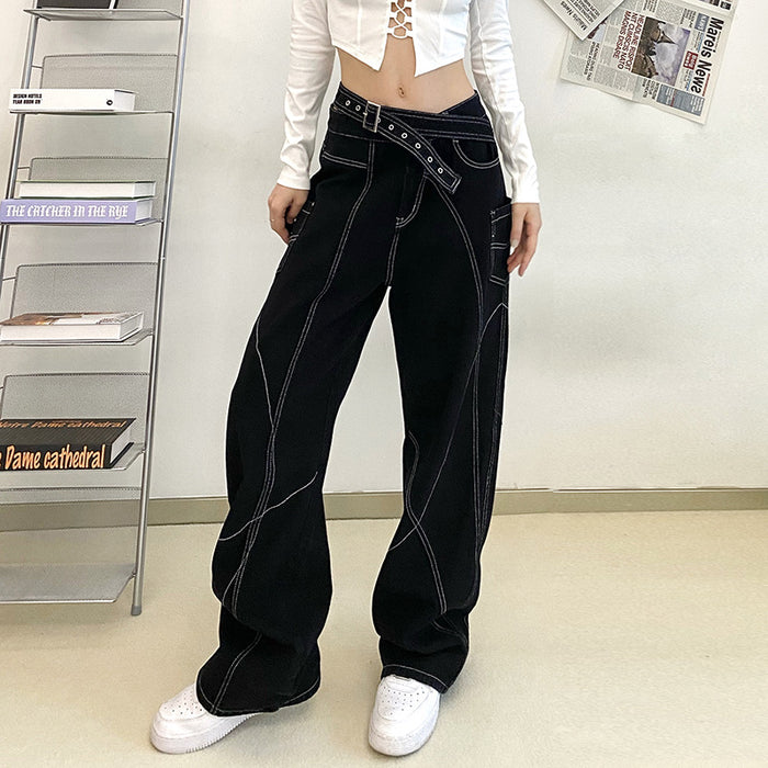 Women Unique Design Bright Line Denim Straight-Leg Pants Loose Wide Leg Mop Pants Low Waist Slimming Trousers