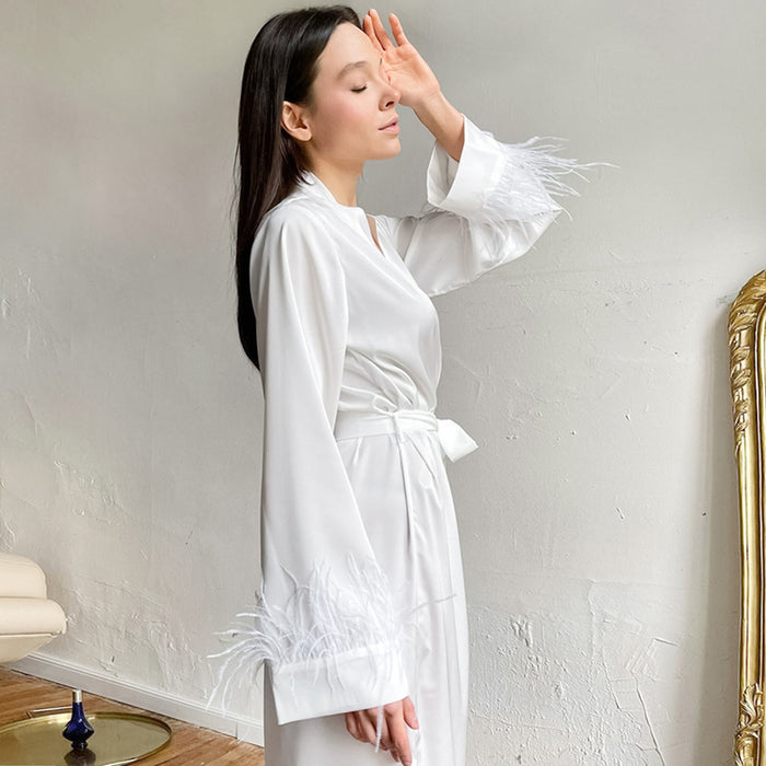 Autumn Winter Long Sleeve Nightgown White with Feather Fashion Bowknot Pajamas Satin Long  Ladies Homewear