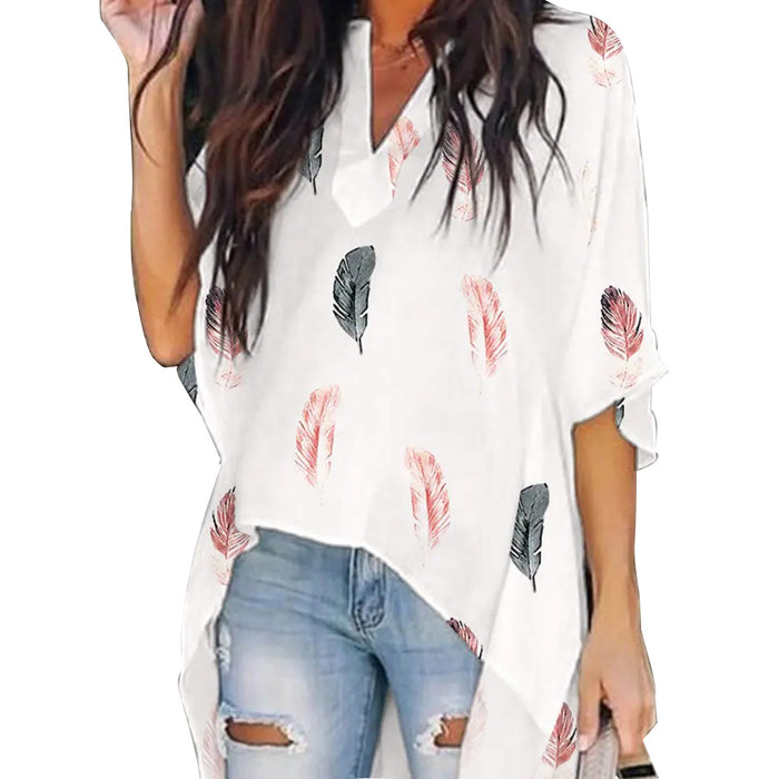 Summer Women Clothing Printed V-neck Batwing Sleeve Casual Irregular Asymmetric Shirt