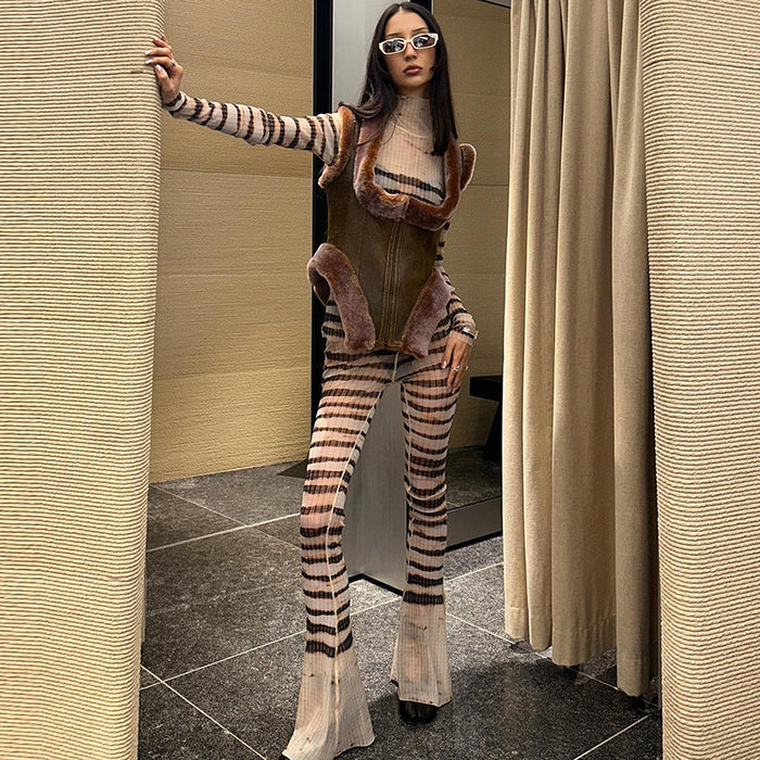 Sexy Stripes Turtleneck Slimming Long Sleeve Top Slim Long Bell Bottom Pants Set Women