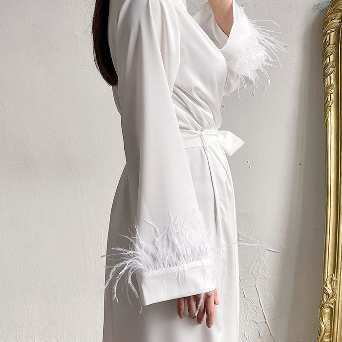 Autumn Winter Long Sleeve Nightgown White with Feather Fashion Bowknot Pajamas Satin Long  Ladies Homewear