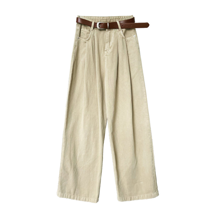 Retro Workwear Khaki Jeans Women  High Grade Casual Wide Leg Draggle Tail Trousers Trendy