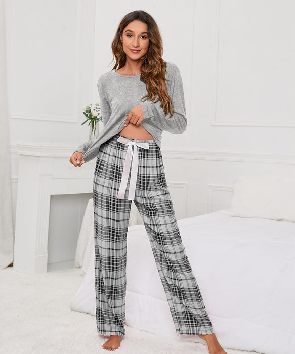 Solid Color round Neck T Printed Checks Women Casual Suit Homewear Pajamas Women