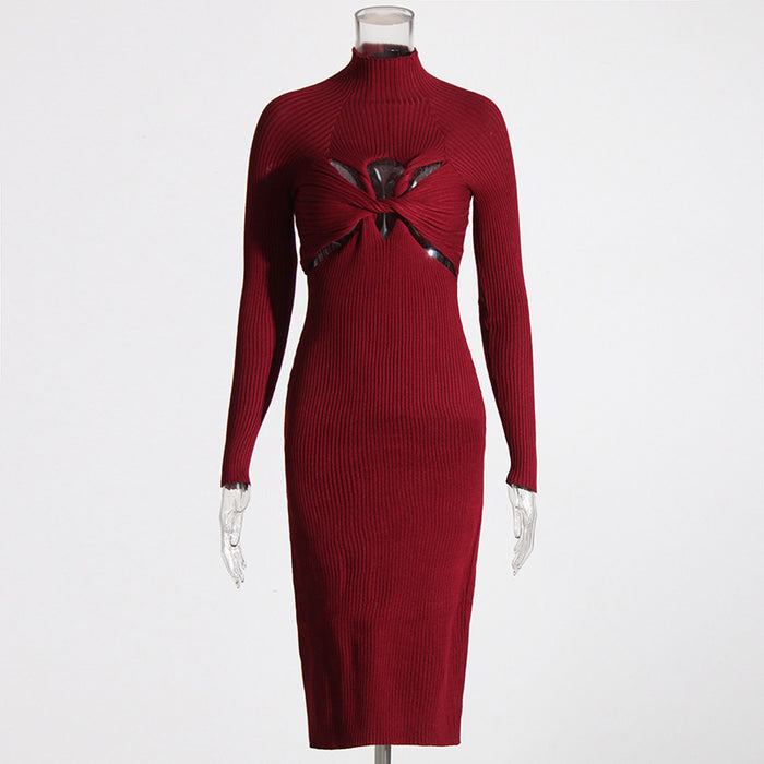 Niche Design Solid Color Sexy Sexy Dress Autumn Winter High Neck Long Sleeve Hollow Out Cutout out Knitted Dress Women