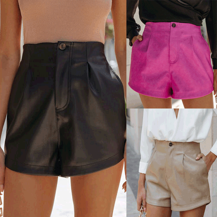 Spring Summer Solid Color High Waist Leather Shorts Women