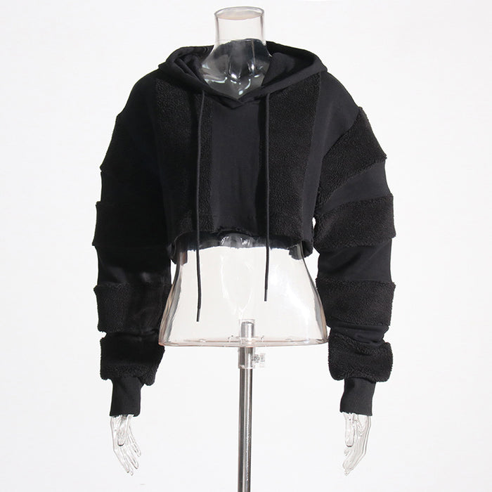 Casual Sweater Autumn Niche Design Lamb Wool Short Stitching Hooded Top for Women