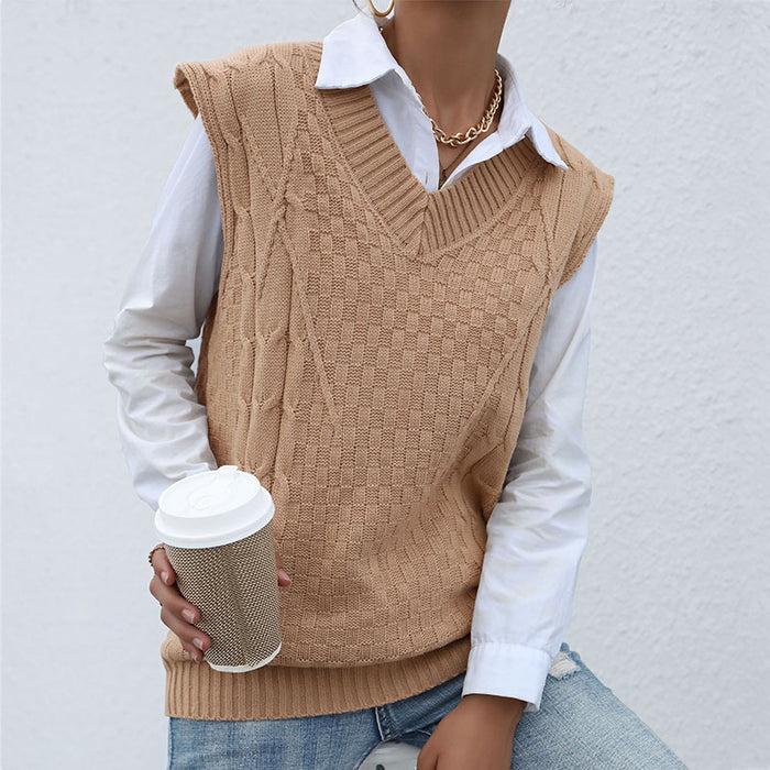 Autumn Winter Fashionable Knitted Solid Color Cable Knit Sweater Vest for Women