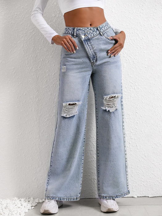 Women Loose Wide Leg Ripped Jeans