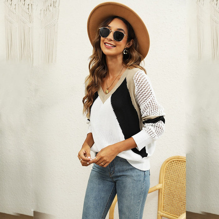 Autumn Winter Stitching Contrast Color V-neck Hollow Out Cutout Sweater Top Office Jumper Women