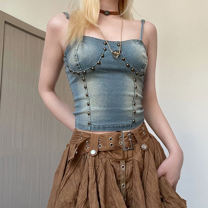 Rivet Denim Split Stitching Sexy Sling Backless Lace up Waist Slimming Old Vest Skirt Sets