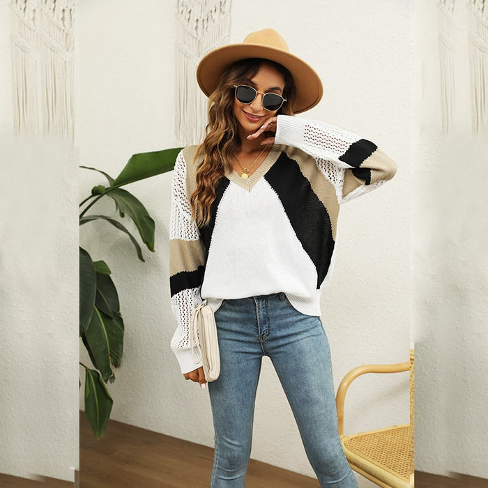 Autumn Winter Stitching Contrast Color V-neck Hollow Out Cutout Sweater Top Office Jumper Women