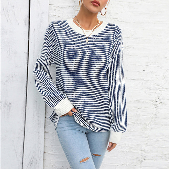 Autumn Winter Women Clothing Color Matching Crew Neck Pullover Sweater Striped Sweater Sweater