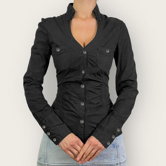 Sexy Women Low Cut V Shaped Collared Waist Tight Breasted Shirt Office Pleated Design Overalls